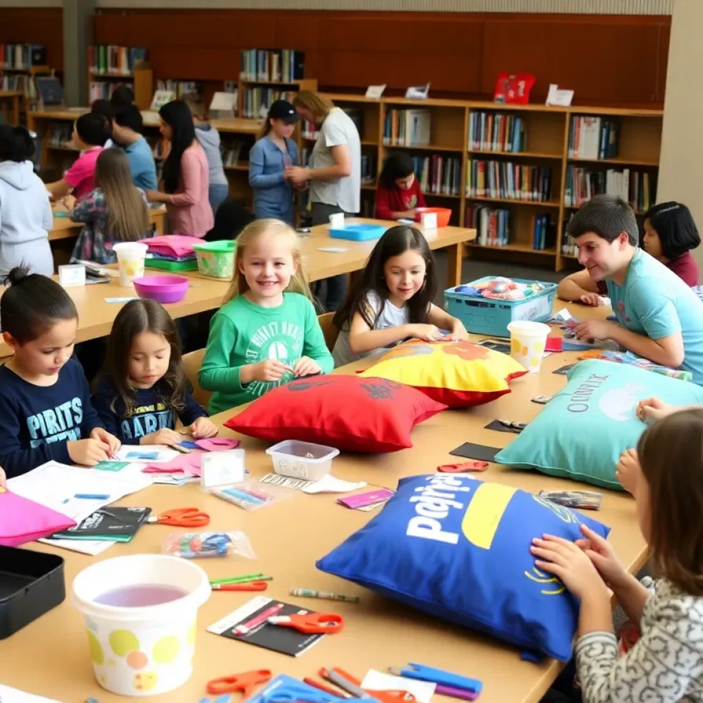 Families enjoying a t-shirt pillows workshop at Huntsville Library