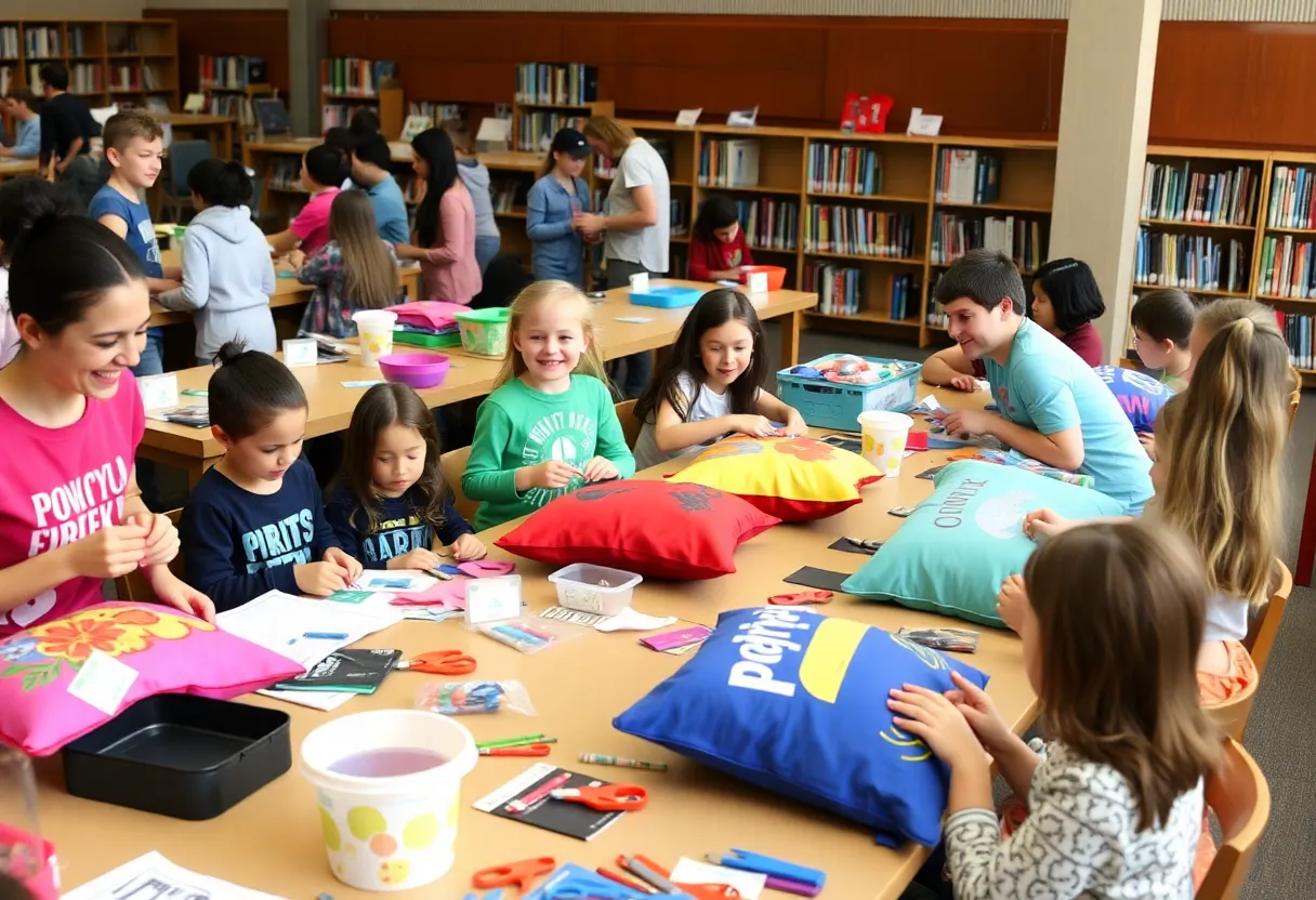 Families enjoying a t-shirt pillows workshop at Huntsville Library