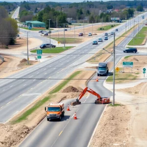 Construction work on Winchester Road as part of the widening project in Huntsville, AL.