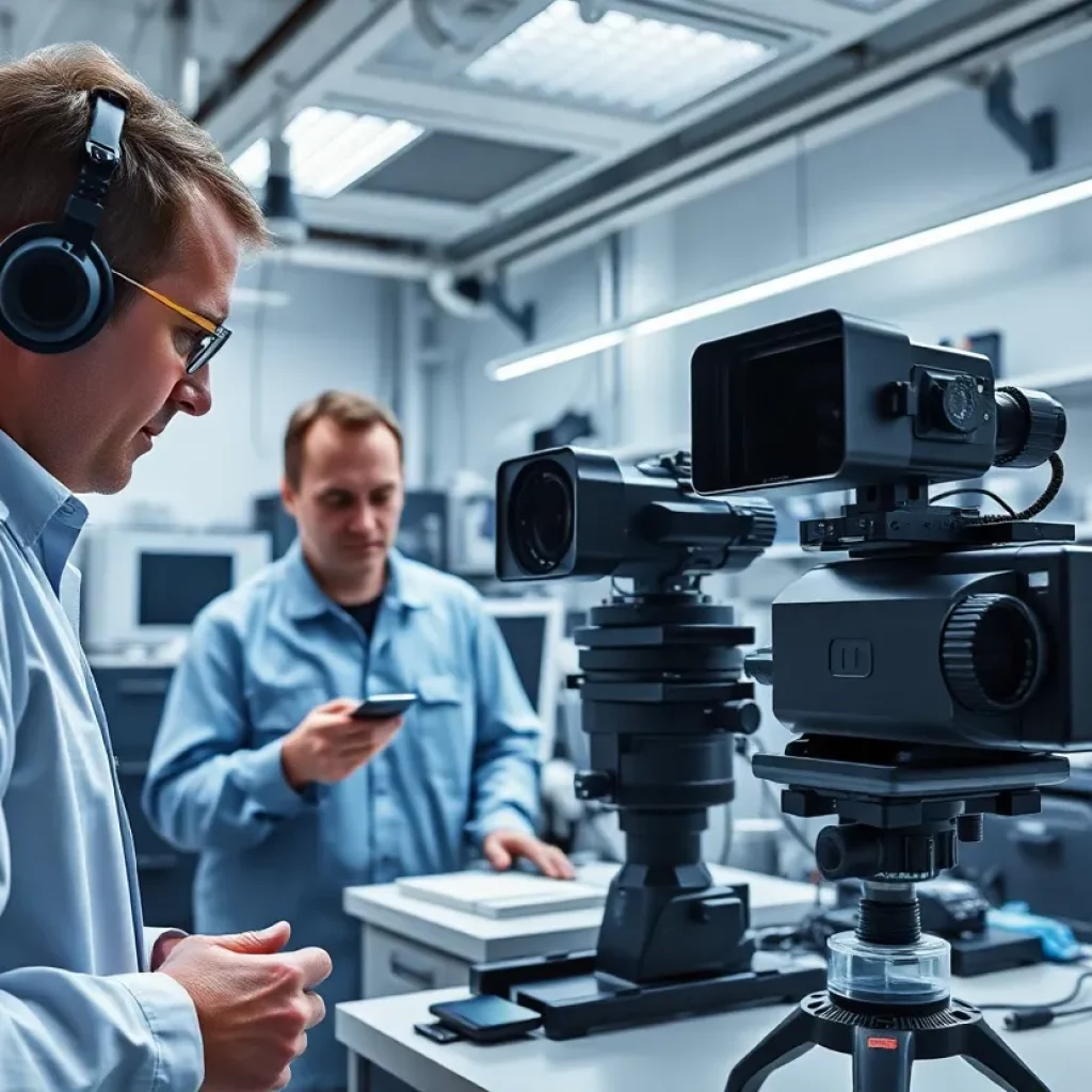 Engineers working on advanced military imaging technology in a lab