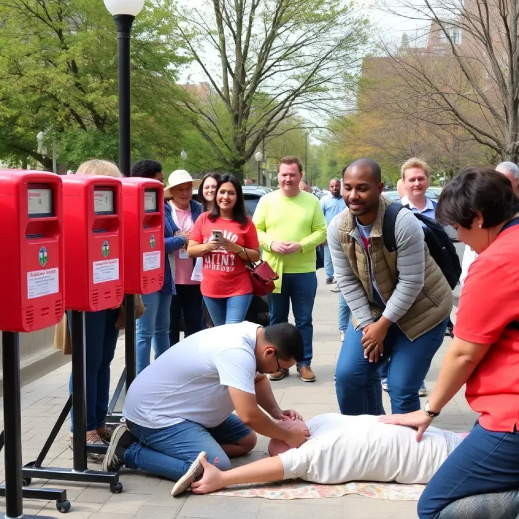 Community members participating in CPR training for AED use in Huntsville.