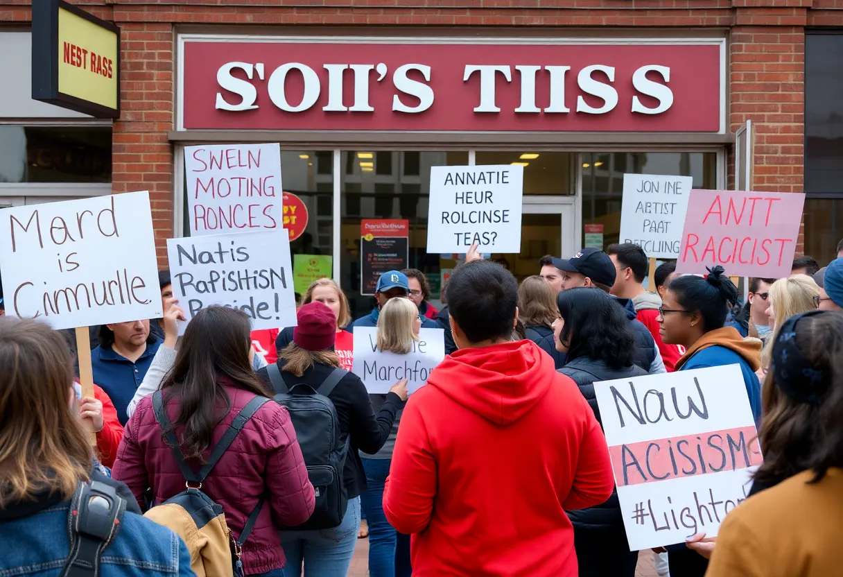 Community members gathered outside a store discussing anti-racism