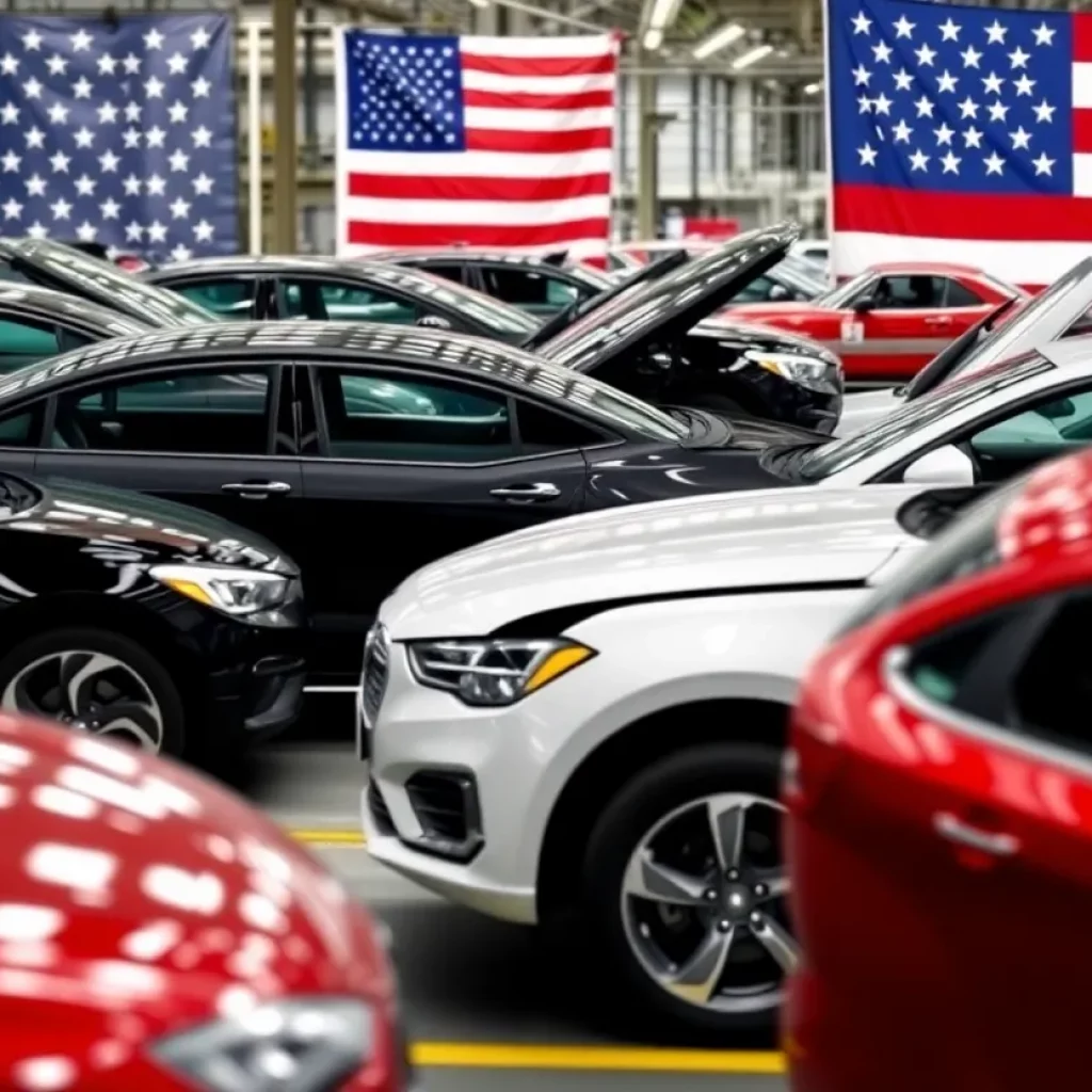 Assembly line of cars with American flag in the background