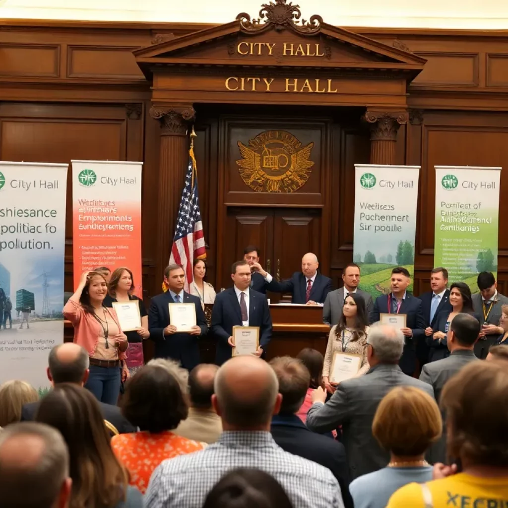 A ceremony at City Hall honoring local businesses for air pollution control achievements.