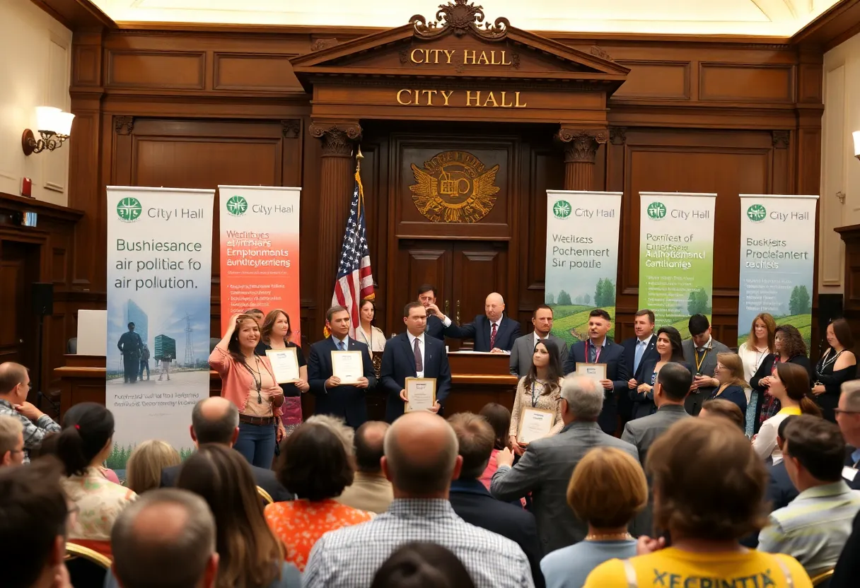 A ceremony at City Hall honoring local businesses for air pollution control achievements.