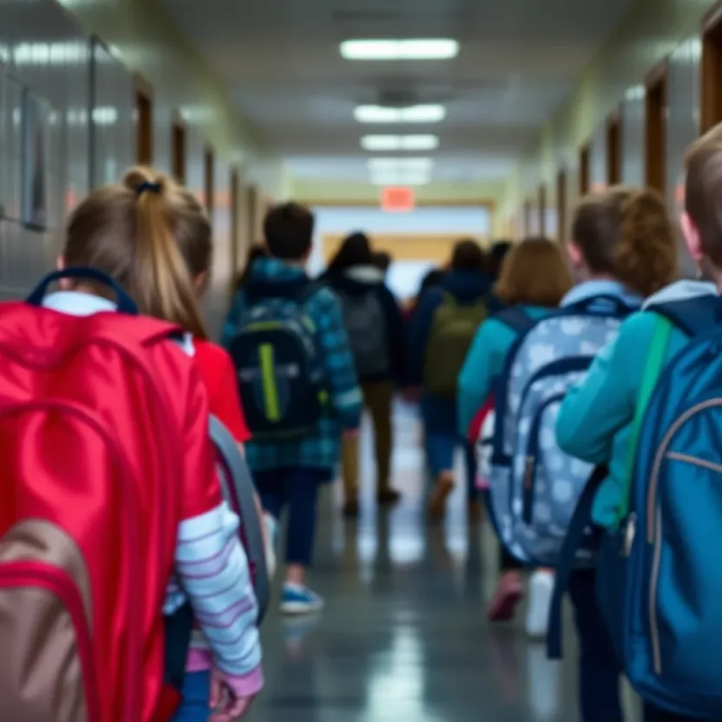 School hallway with backpacks and security measures in place