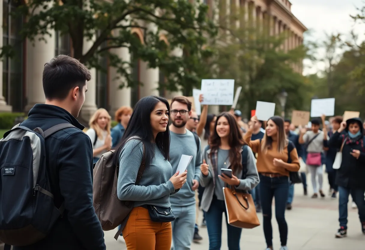 Diverse students discussing academic freedom on Columbia University campus