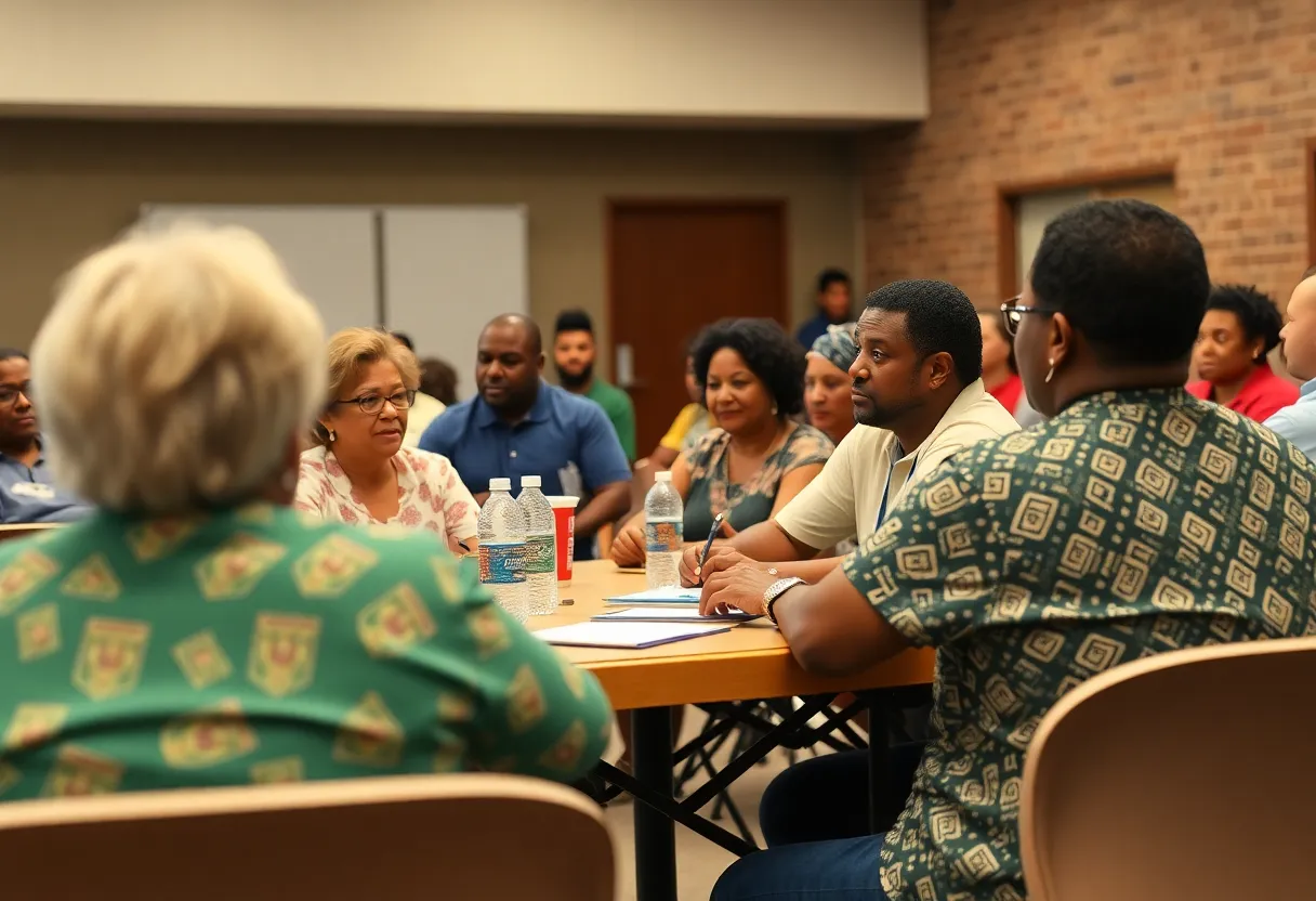 Residents engaging in a community meeting discussing local issues in Madison, Alabama.