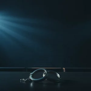 Courtroom scene with shadows and handcuffs symbolizing justice.