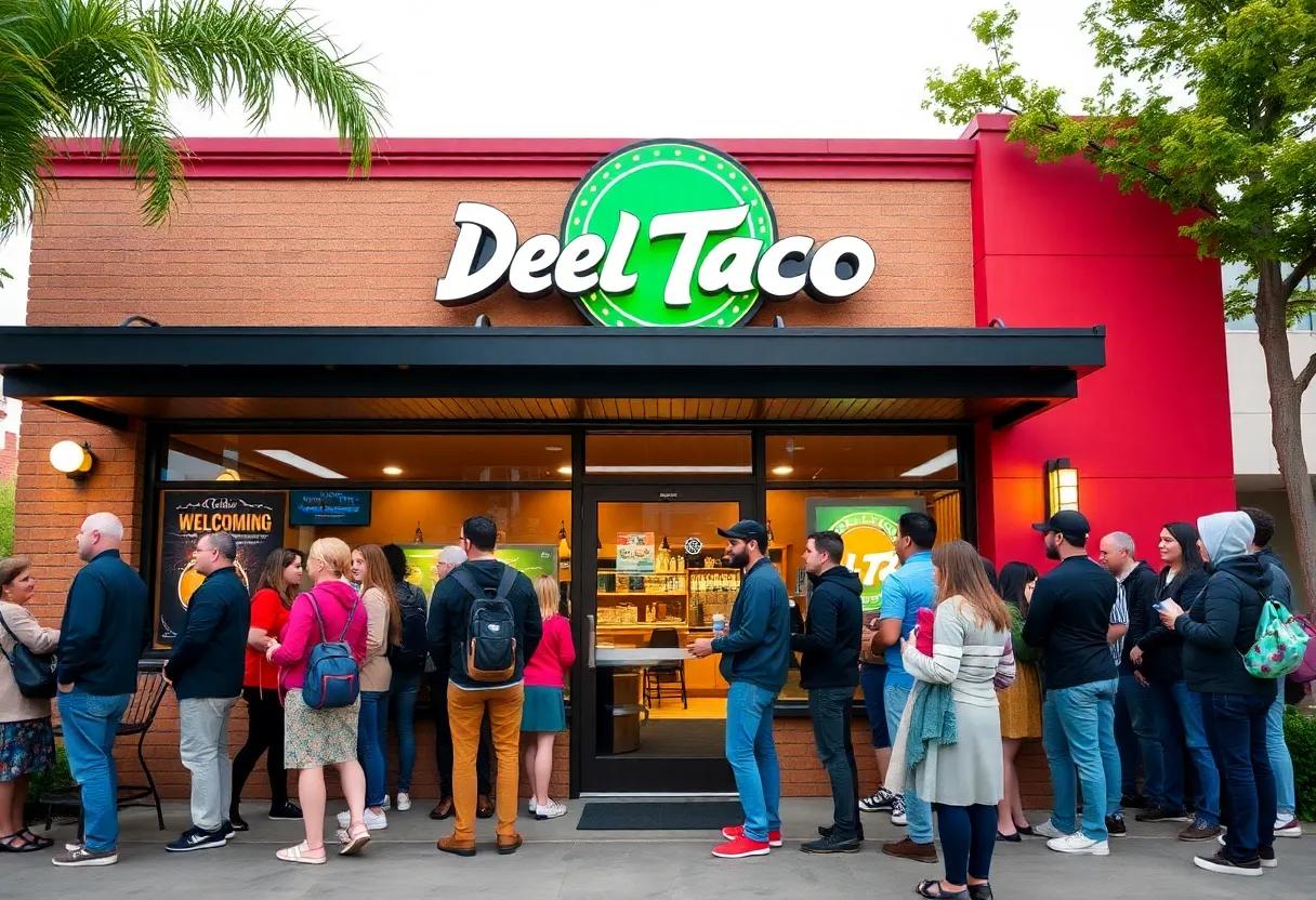Del Taco restaurant opening in Huntsville, Alabama with customers in line