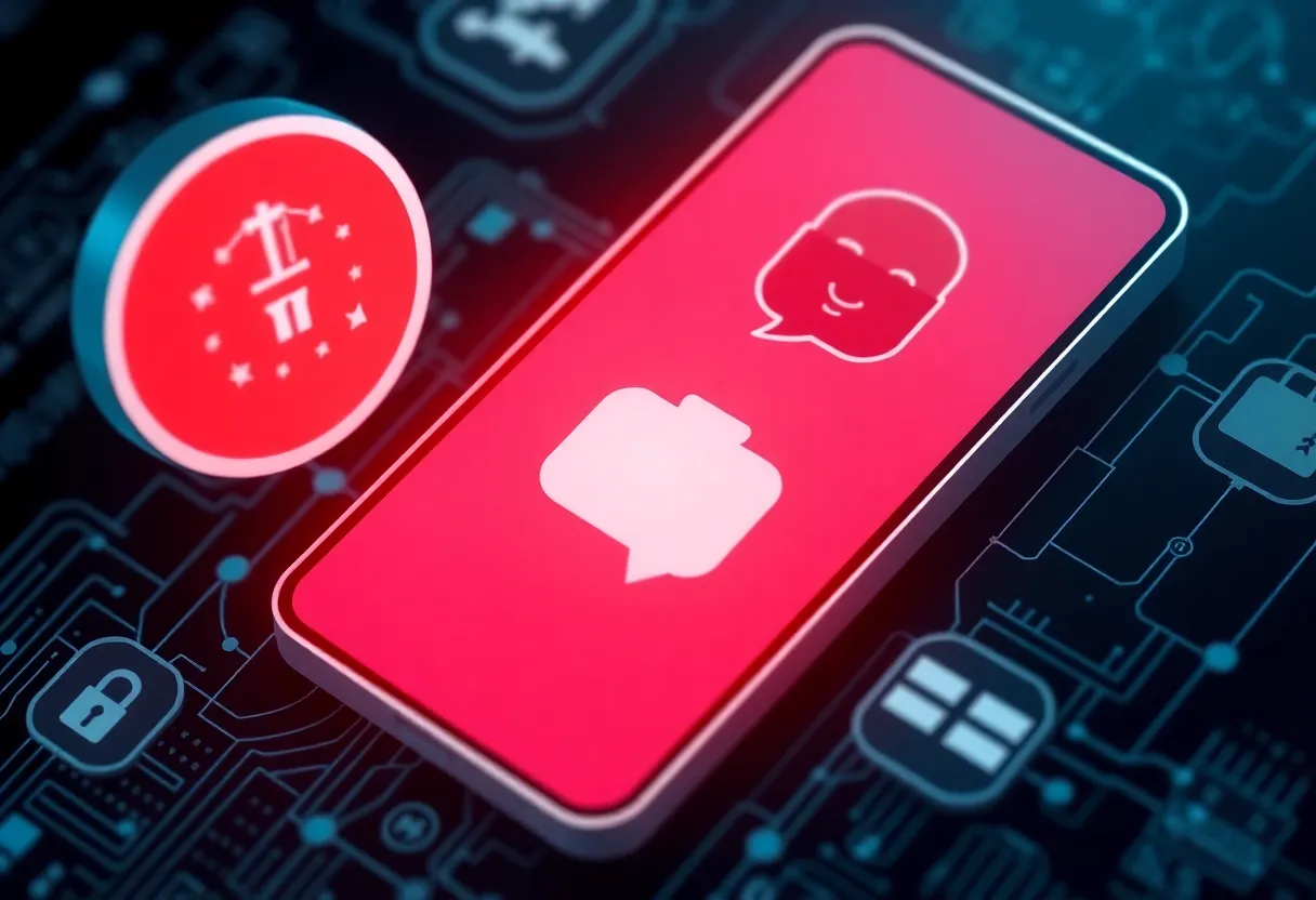 Illustration of an encrypted messaging app interface showing military and government elements.