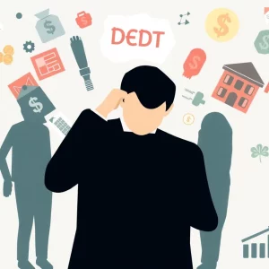 Illustration of financial uncertainty with debt and economic symbols