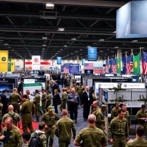 Military personnel at the Huntsville Army Symposium showcasing logistic innovations.