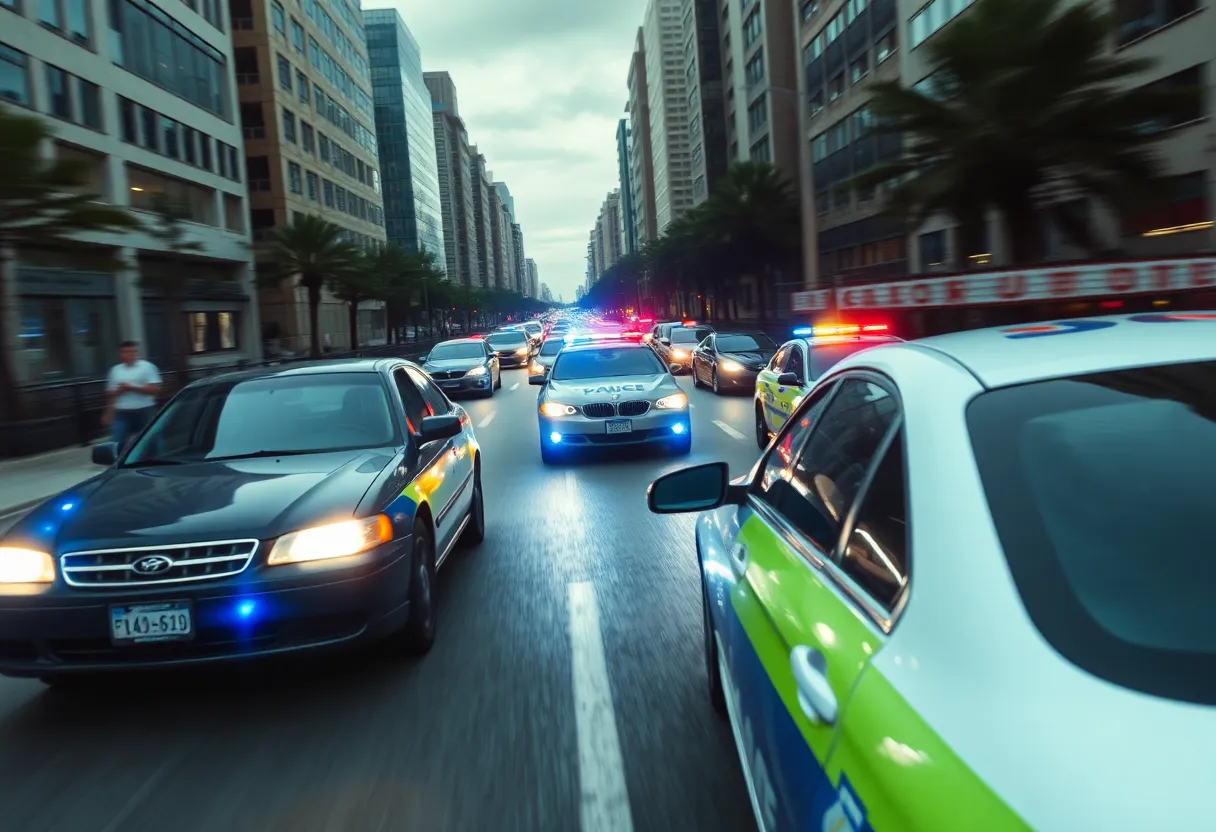 Police cars in pursuit during a high-speed chase in Huntsville.