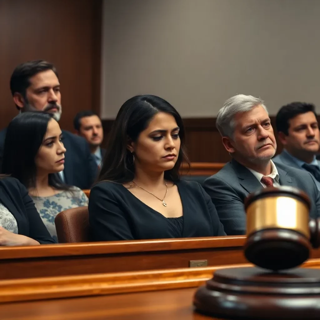 A gavel on a judge's bench in a courtroom.