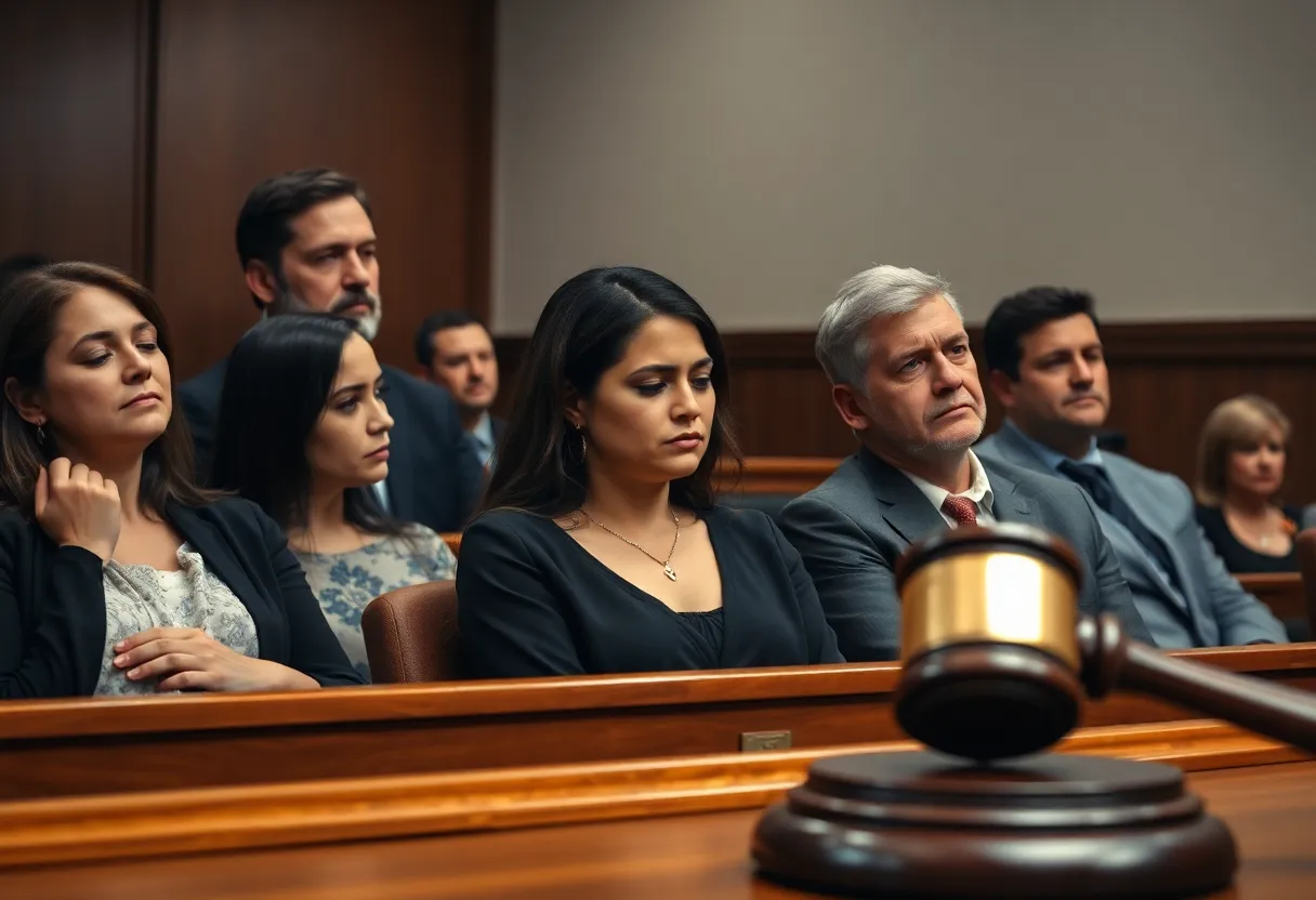 A gavel on a judge's bench in a courtroom.