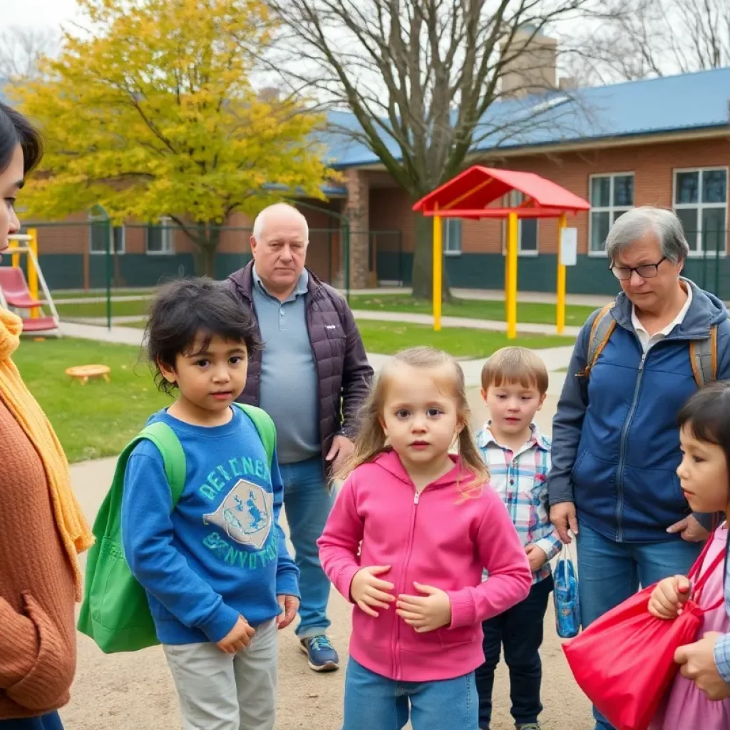 Children at Huntsville Elementary School during dismissal with security personnel in the background.