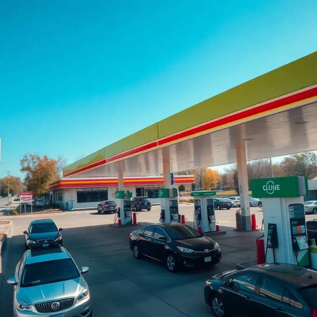 Busy gas station in Huntsville showing current fuel prices
