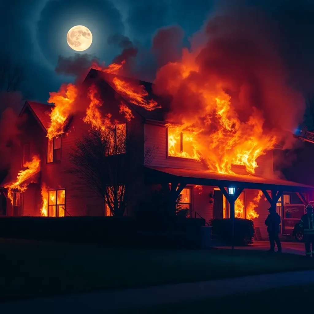 A residential house on fire with firefighters in action