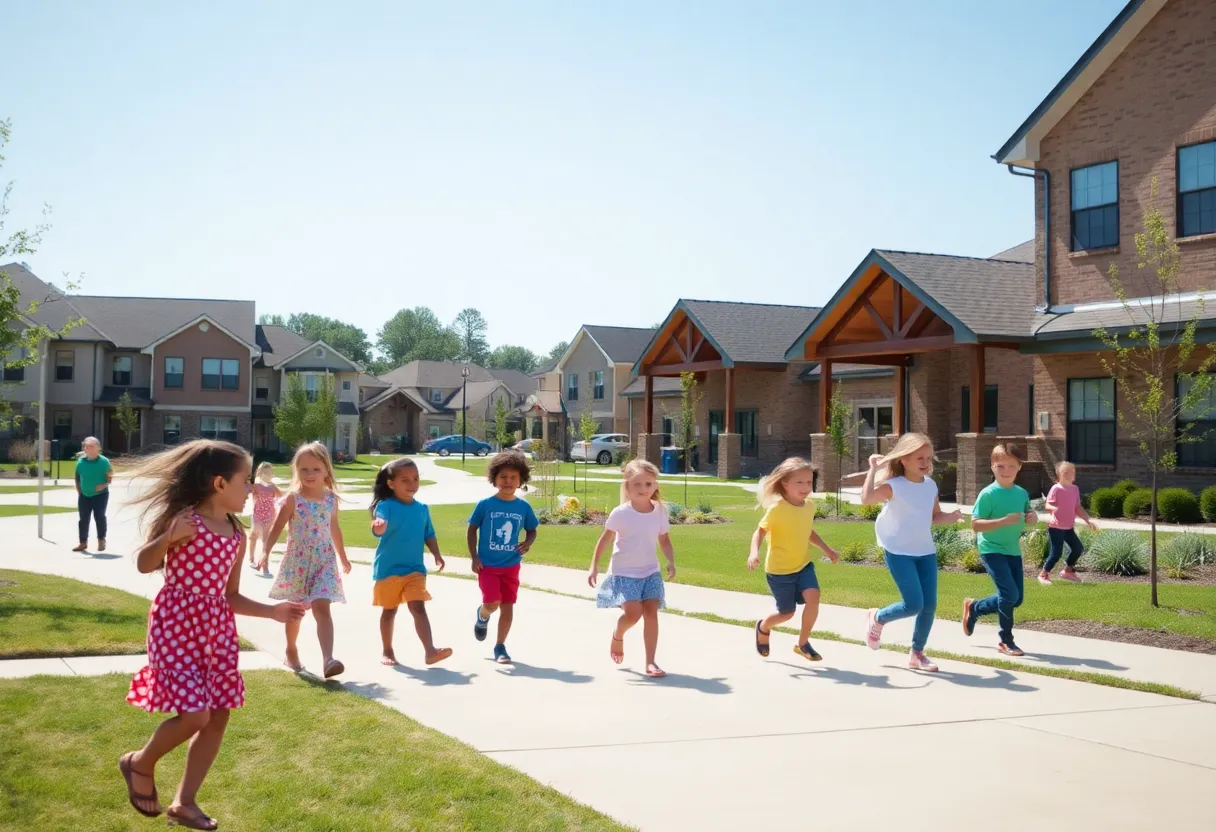 New K-8 school development in Huntsville with children and families enjoying the community