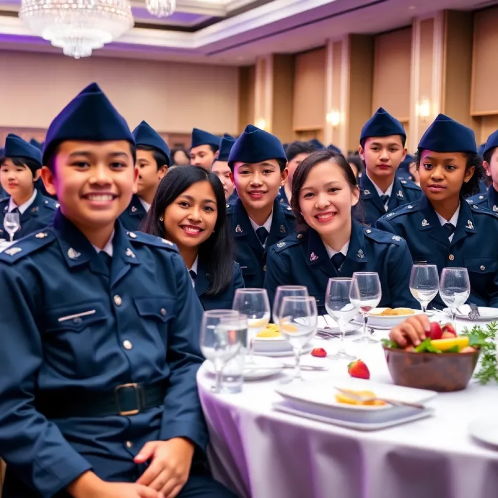 Young cadets celebrating military leadership at a luncheon in Huntsville.