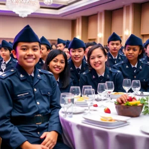 Young cadets celebrating military leadership at a luncheon in Huntsville.