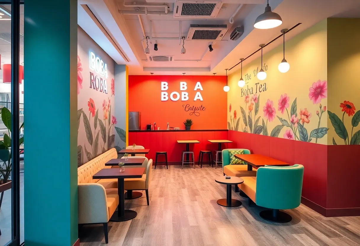 Interior of Leafly Boba Bar in Birmingham with boba tea drinks on display.