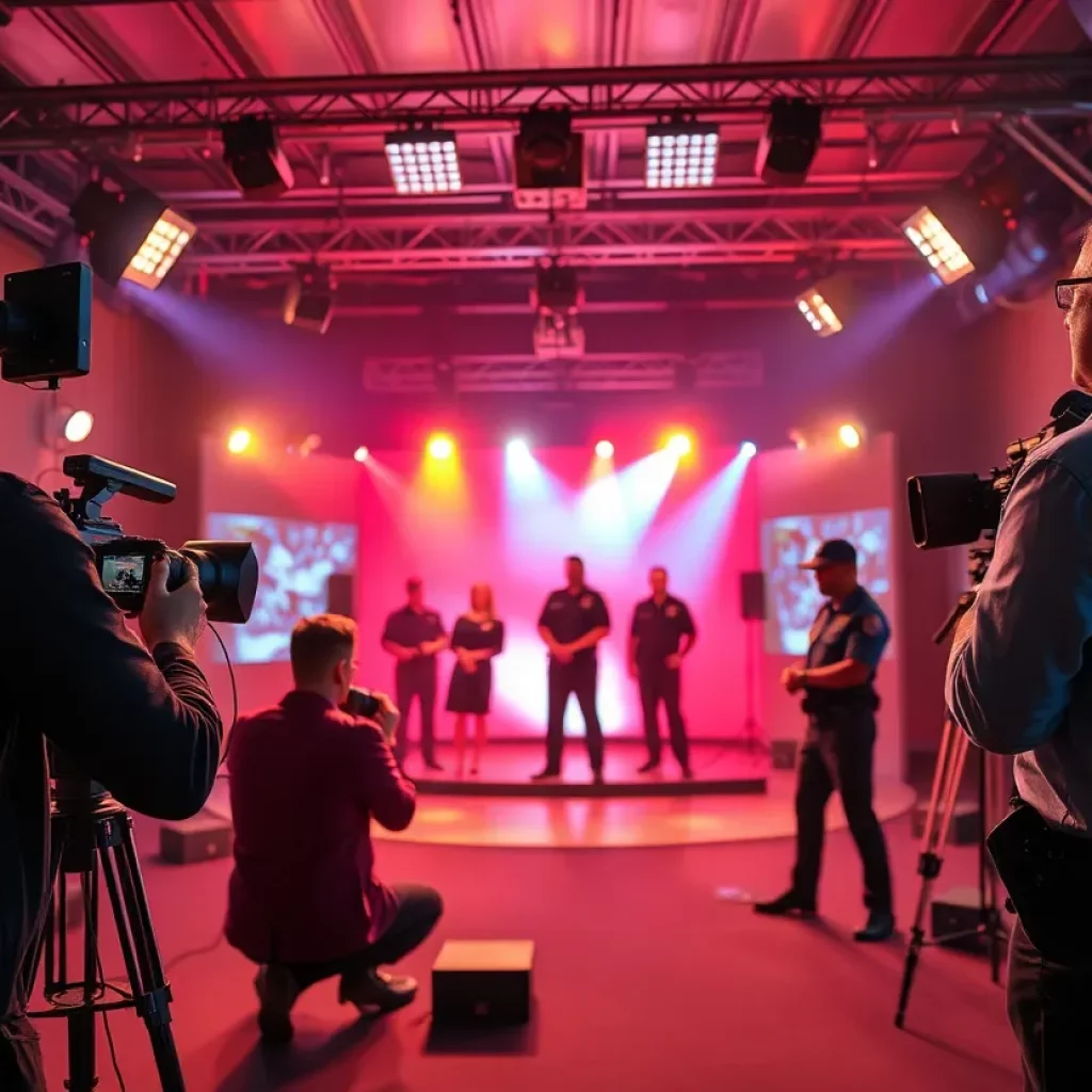 Actors filming a police drama on set with bright lights
