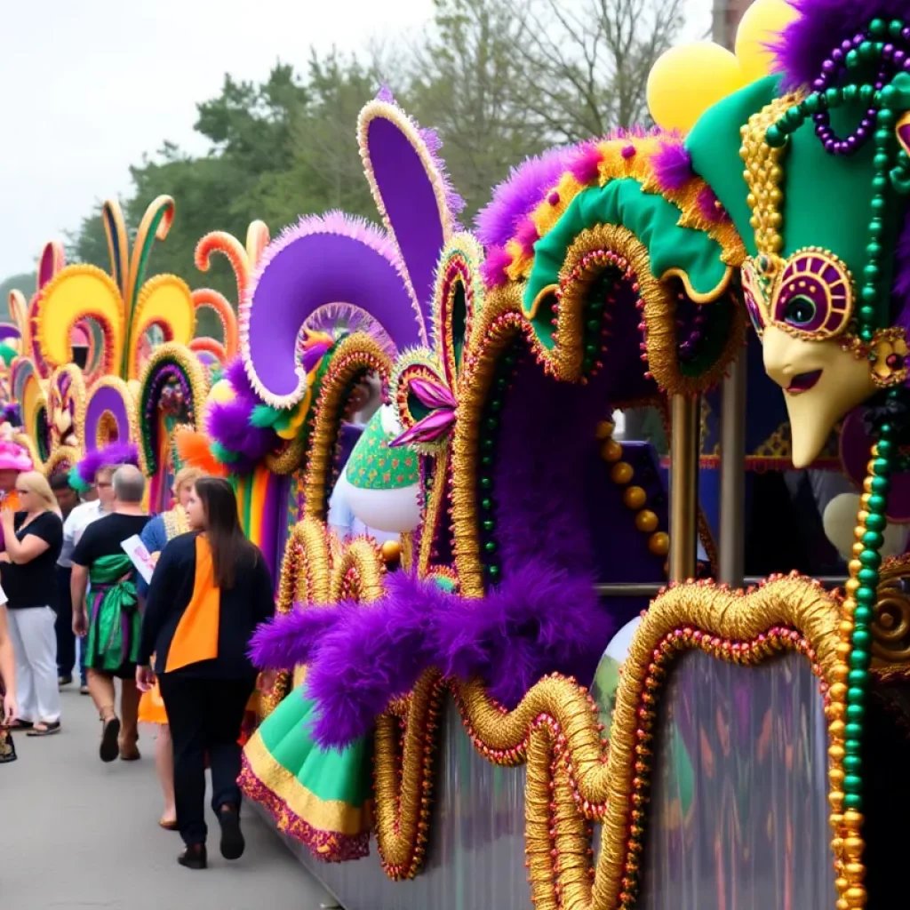 Colorful Mardi Gras parade in Huntsville with participants in festive attire