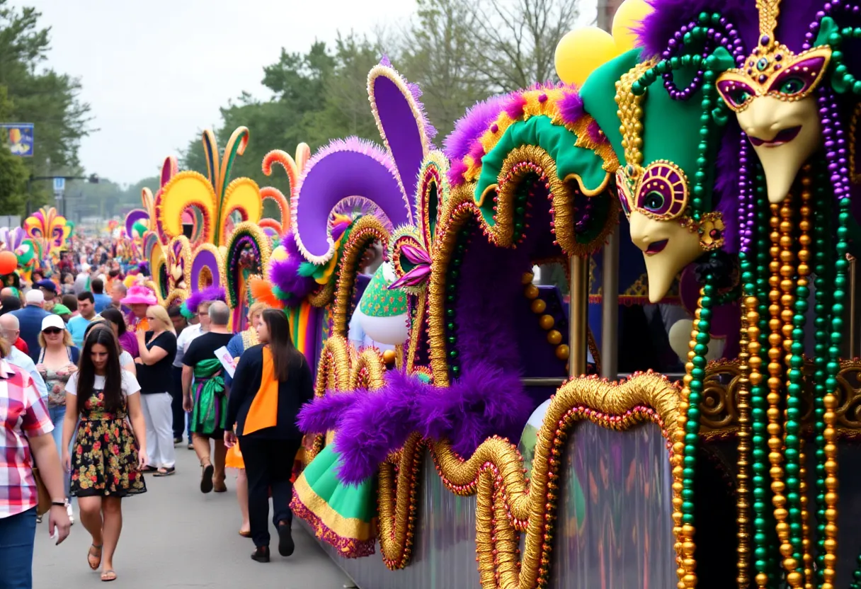 Colorful Mardi Gras parade in Huntsville with participants in festive attire