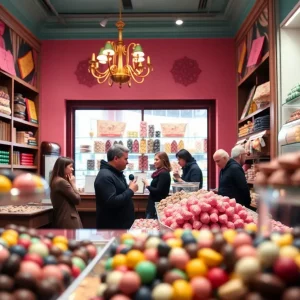 A colorful display of artisan chocolates and happy customers at Pizzelle’s Confections.