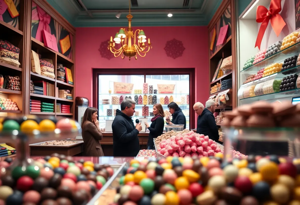 A colorful display of artisan chocolates and happy customers at Pizzelle’s Confections.