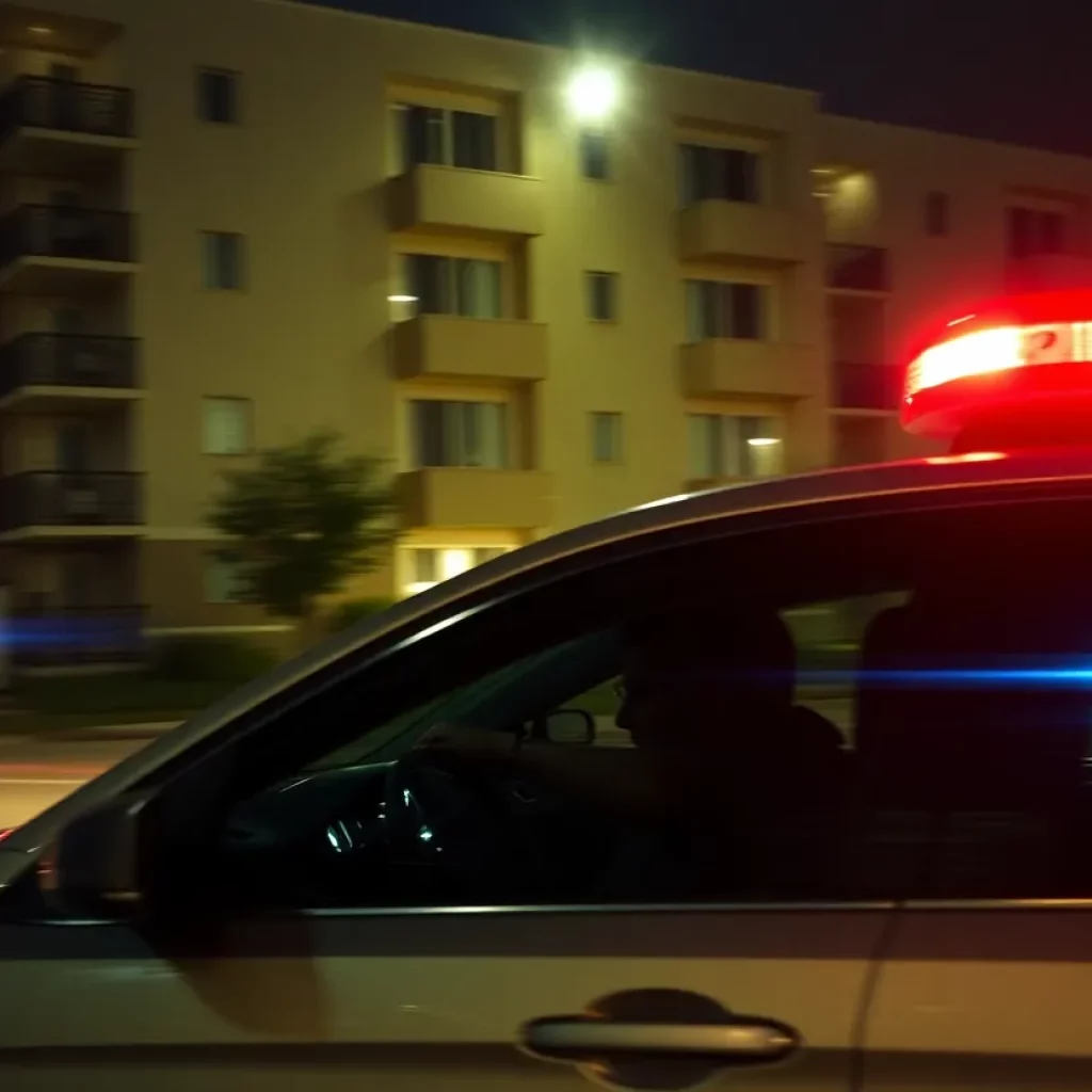 Police lights at an apartment complex during a chase