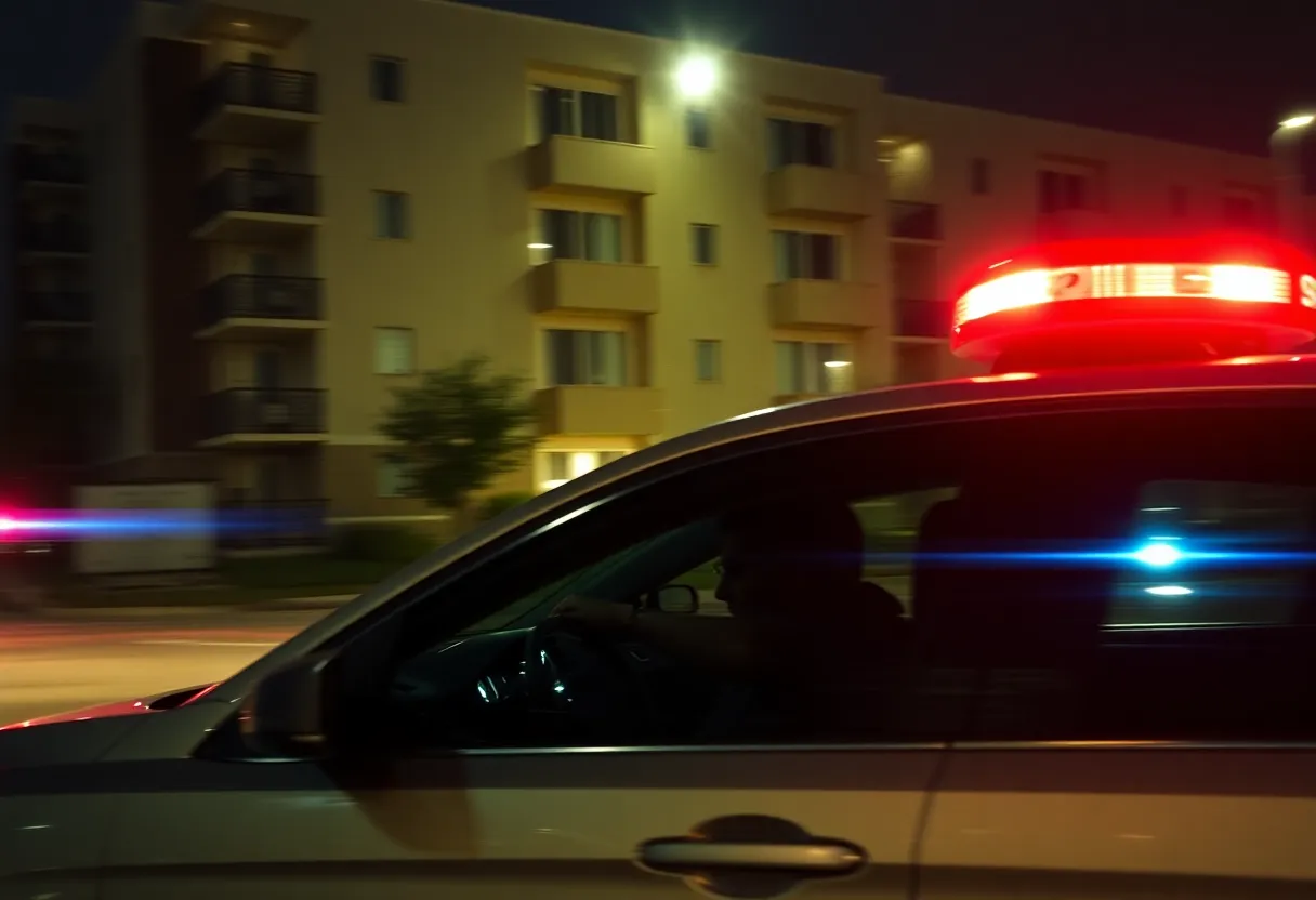 Police lights at an apartment complex during a chase