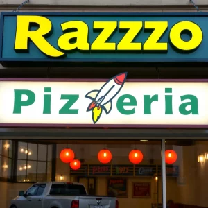 Facade of Razzo Pizzeria in downtown Huntsville