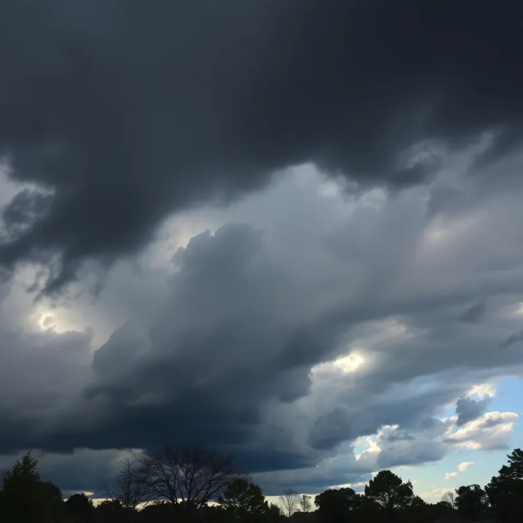 Dramatic storm clouds over Huntsville with visible sunlight