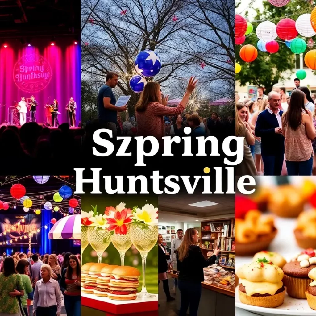 A collage depicting various spring events in Huntsville, including a performance, reading festival, and food celebrations.