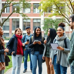 Diverse students discussing scholarships at UAB campus
