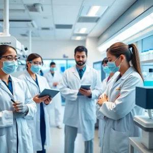 Researchers collaborating in a medical laboratory at UAB.