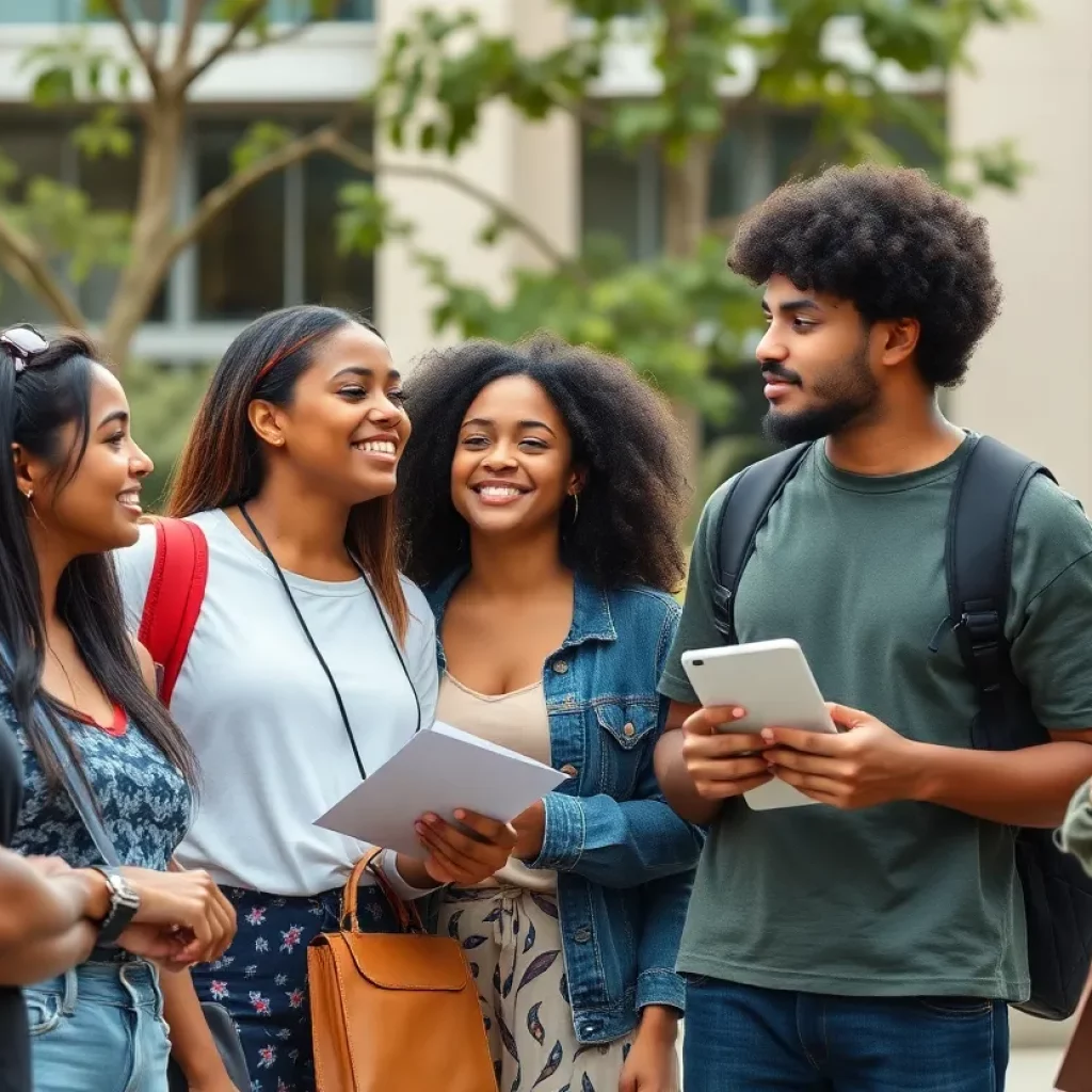 Students discussing on university campus