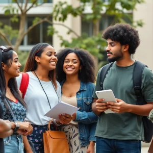 Students discussing on university campus