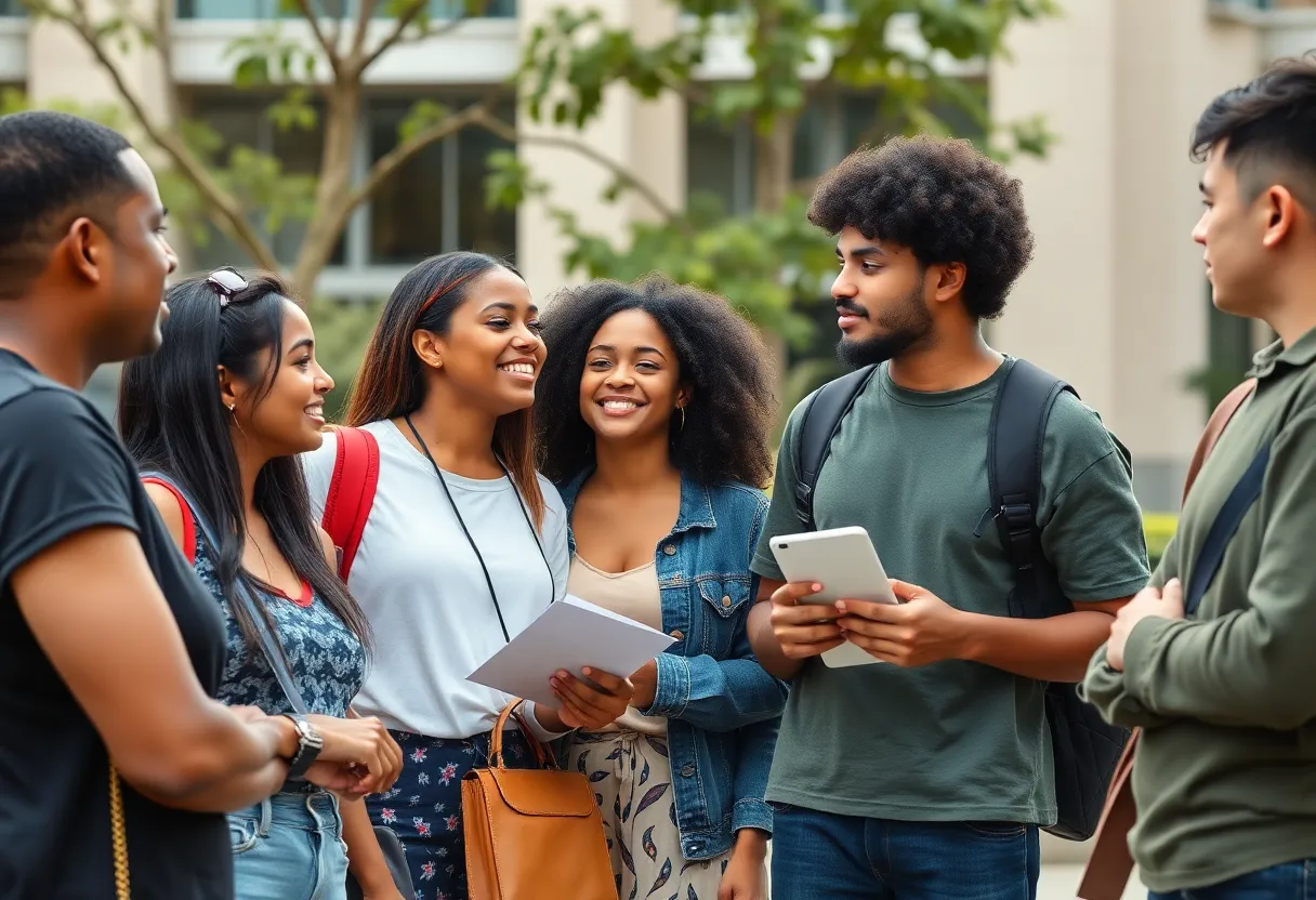 Students discussing on university campus