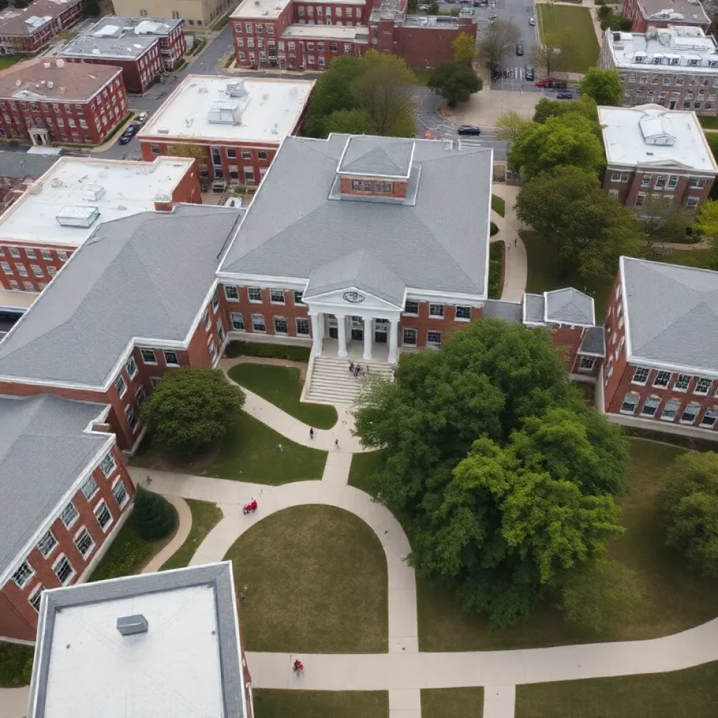 Aerial view of University of Alabama campus showcasing students and facilities.