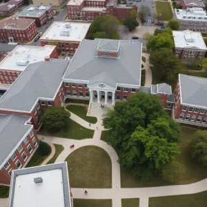 Aerial view of University of Alabama campus showcasing students and facilities.