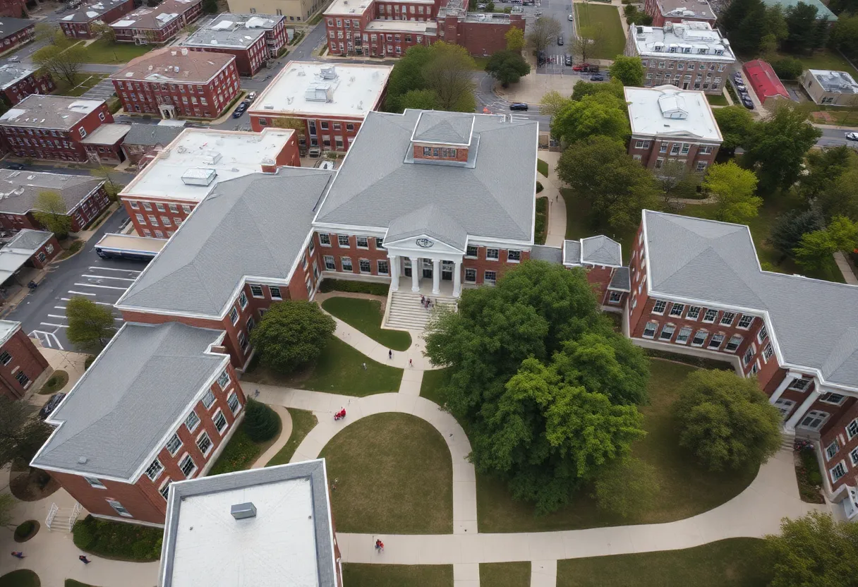Aerial view of University of Alabama campus showcasing students and facilities.