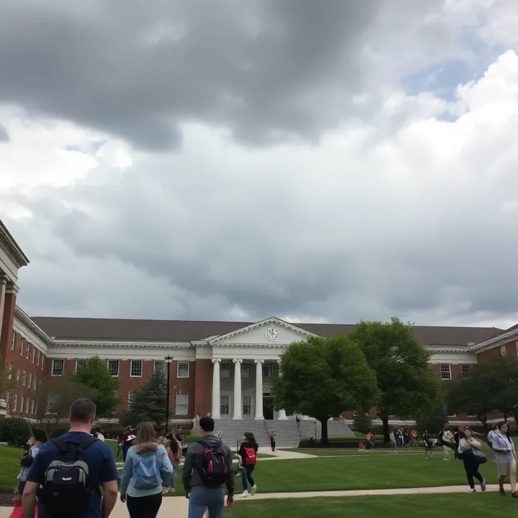 A picturesque view of the University of Alabama's campus under a stormy sky.