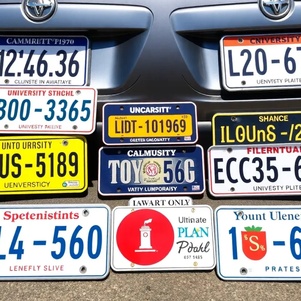 Various University of Alabama specialty license plates on cars
