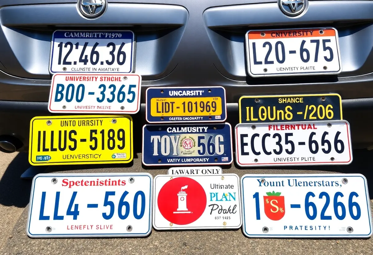 Various University of Alabama specialty license plates on cars