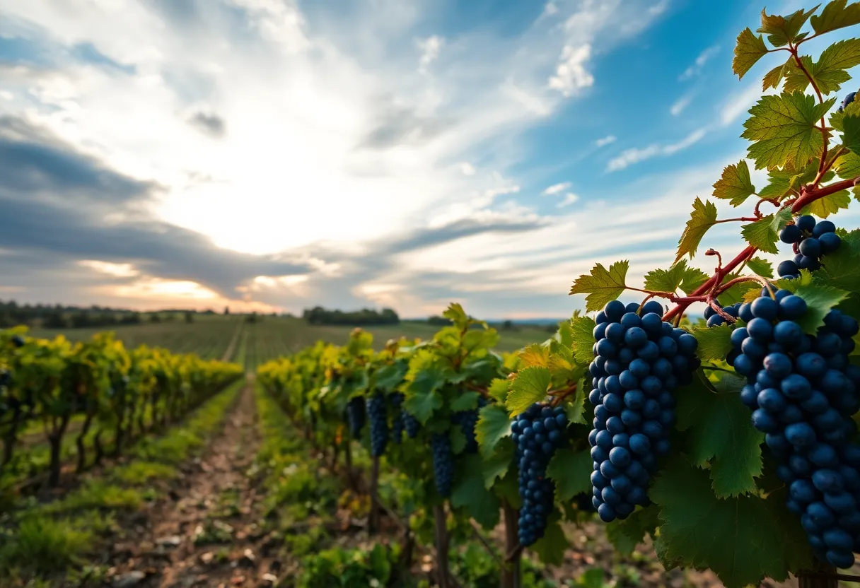 Scenic vineyard showcasing grapes in preparation for harvest, symbolizing Huntsville's wine culture.