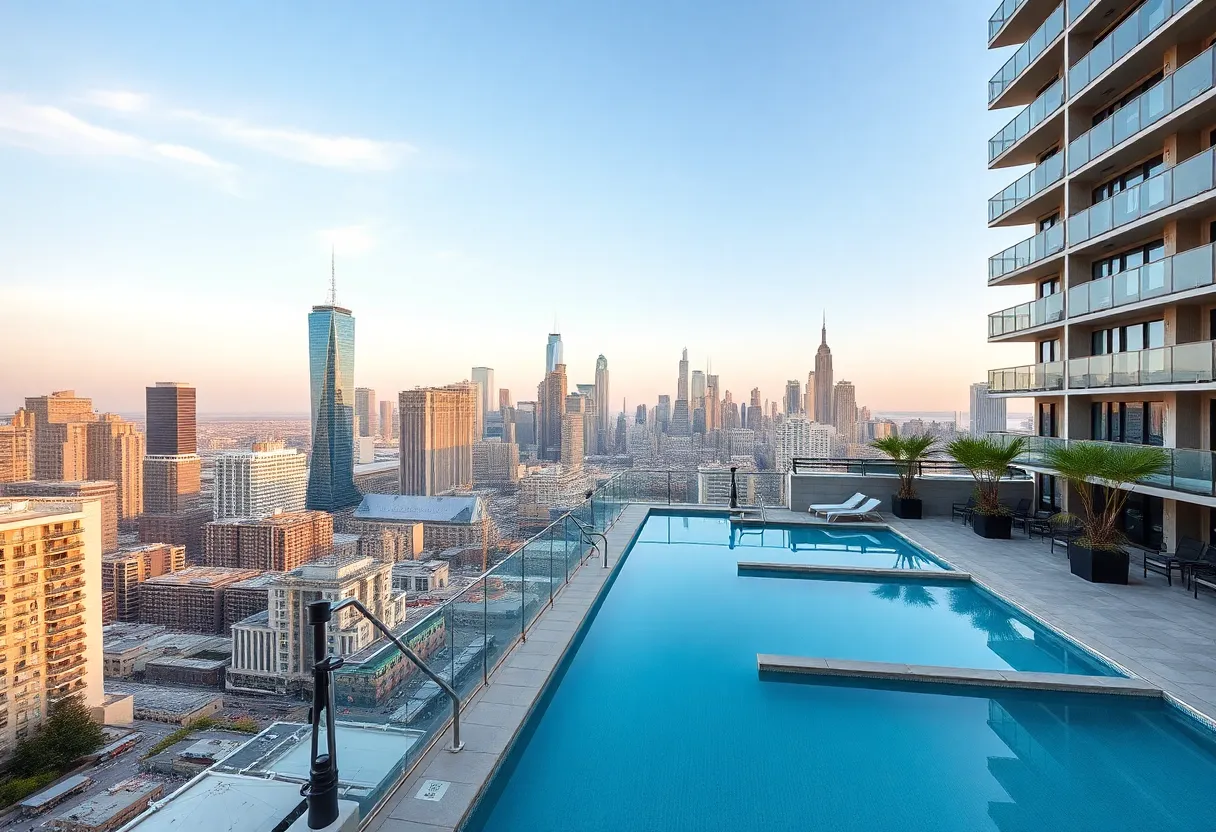 Modern apartment complex with rooftop pool in Huntsville